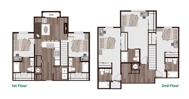 Modern two-story floor plan featuring three spacious bedrooms, open living area, and private patio.
