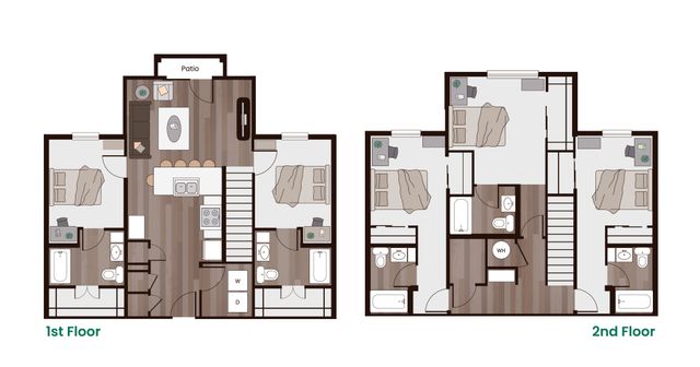 Inviting two-story floor plan with three bedrooms, open living area, modern kitchen, and patio space, ideal for comfortable family living.
