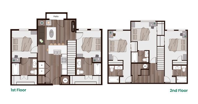 Modern two-story floor plan with three bedrooms, spacious open-concept living area, and cozy patio for relaxation.