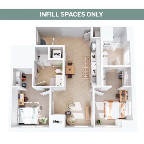 Modern 3D floor plan showcasing 2 spacious bedrooms, open-concept living and dining area, and a fully equipped kitchen with sleek design.