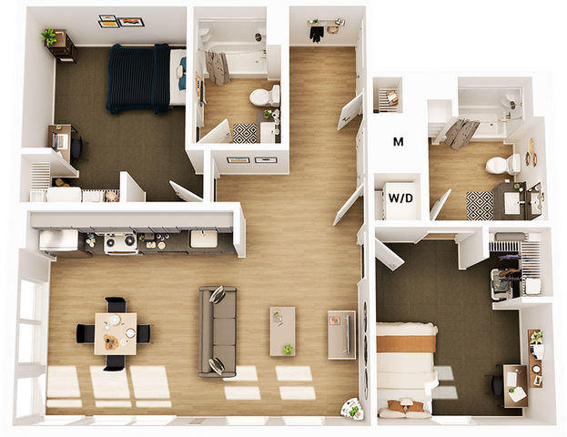 Contemporary 3D floor plan showcasing 2 spacious bedrooms, 2 modern bathrooms, a sleek kitchen, and an inviting living area with ample natural light.