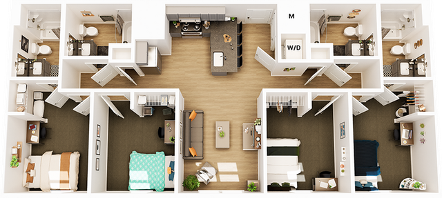 Contemporary floor plan showcasing 3 bedrooms, a central living area, and modern kitchen with island. Includes multiple bathrooms and convenient laundry space.