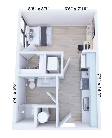 Contemporary floor plan showcasing a cozy bedroom, walk-in closet, stylish kitchen, and modern bathroom, ideal for comfortable living.