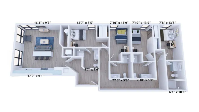 Modern 3D apartment floor plan highlighting 3 spacious bedrooms, a sleek open-concept living and dining area, and contemporary kitchen design.