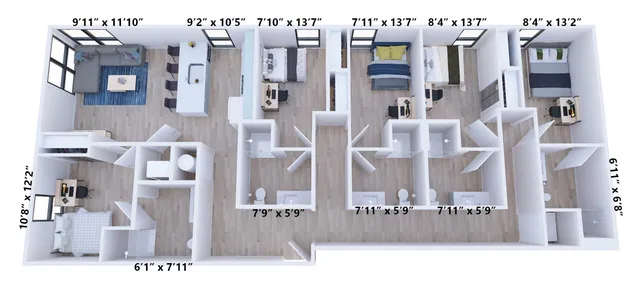 Modern 3D floor plan with 5 bedrooms, open living area, sleek kitchen, and multiple bathrooms. Spacious layout with wood floors and ample natural light.
