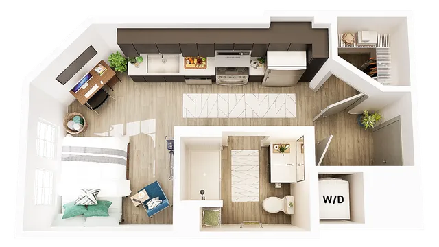 Charming studio apartment floor plan featuring a cozy living area, modern kitchen, stylish bathroom, and smart workspace.