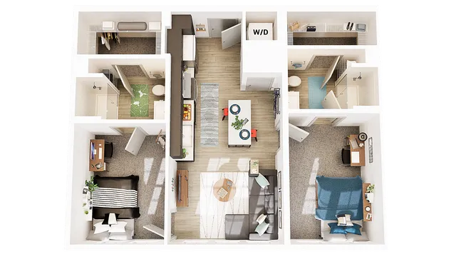 Modern 2D floor plan showcasing 2 bedrooms, sleek kitchen, and inviting open-concept living space.