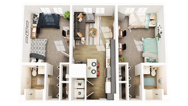 Inviting 3D apartment layout showcasing 3 sunlit bedrooms, a modern open-plan living area, and a sleek kitchen, perfect for contemporary living.