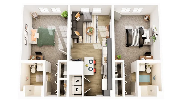 Elegant 3D floor plan showcasing two spacious bedrooms, a modern open-concept living room with dining area, and a stylish kitchen.