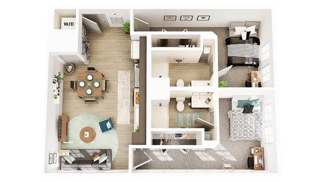 Modern floor plan showcasing 2 bedrooms, open-concept living and dining area, and spacious kitchen with wooden flooring.