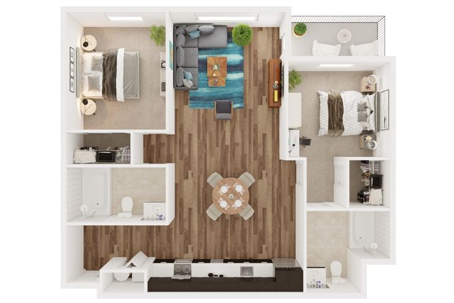 Modern floor plan featuring 2 bedrooms, spacious living area with stylish seating, open kitchen design, and two bathrooms.