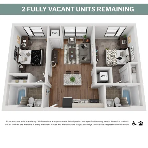 Modern apartment floor plan with 2 spacious bedrooms, open living area, and contemporary kitchen. Includes two bathrooms, in-unit washer/dryer, and chic interior design. Only two fully vacant units left.