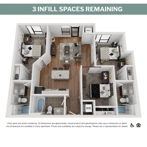Modern 3D floor plan featuring three elegant bedrooms, an inviting open-concept living and dining area, a sleek kitchen island, and two stylish bathrooms. Includes dedicated workspace, in-unit laundry, and ample natural light.