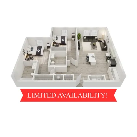 Modern 3D floor plan featuring 2 cozy bedrooms, an open living area, and a contemporary kitchen, highlighted by a \'Limited Availability\' banner.