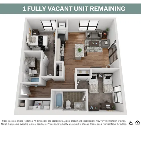 Modern 3D floor plan showcasing a stylish two-bedroom apartment with open living space, sleek kitchen, and luxurious bathroom, one fully vacant unit remaining.