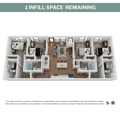 Modern 3D floor plan showcasing four bedrooms, spacious living area, and sleek kitchen with dining island.