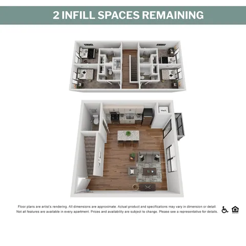 Modern floor plan with two levels featuring spacious bedrooms, open-concept kitchen and living room, and stylish design elements.