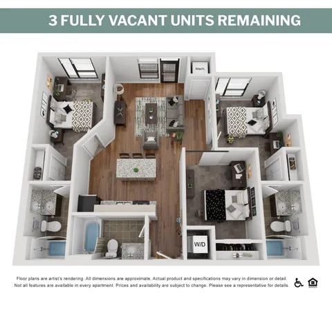 Modern 3D floor plan showcasing a spacious 3-bedroom apartment with elegant open-concept living and dining areas, stylish kitchen, and two luxurious bathrooms. Perfect for comfortable and contemporary living.