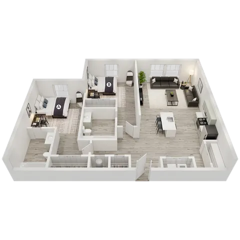 Chic 3D floor plan showcasing a modern 2-bedroom apartment with open living area, sleek kitchen island, and stylish furnishings.