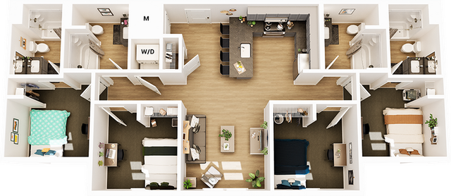 Contemporary 3-bedroom apartment floor plan with open kitchen, inviting living area, and elegant bathrooms designed for comfort and style.