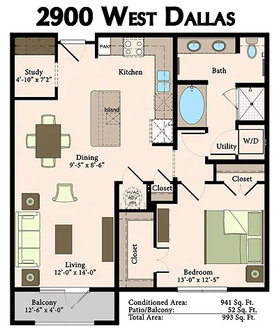 A3 | 1 bed 1 bath | 941 sq ft