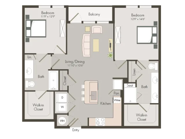 B1HC | 2 bed 2 bath | 1092 sq ft
