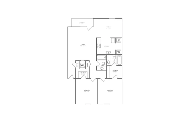 White Oak | 2 bed 2 bath | 1060 sq ft | Floor Plan map for a two bedroom unit at our apartments for rent in  Nashville, TN, featuring labeled rooms with dimensions.