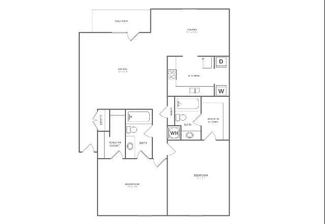 Champion Oak | 2 bed 2 bath | 1250 sq ft | Floor Plan map for a two bedroom unit at our apartments for rent in  Nashville, TN, featuring labeled rooms with dimensions.