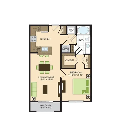 A1 | 1 bed 1 bath | 755 sq ft