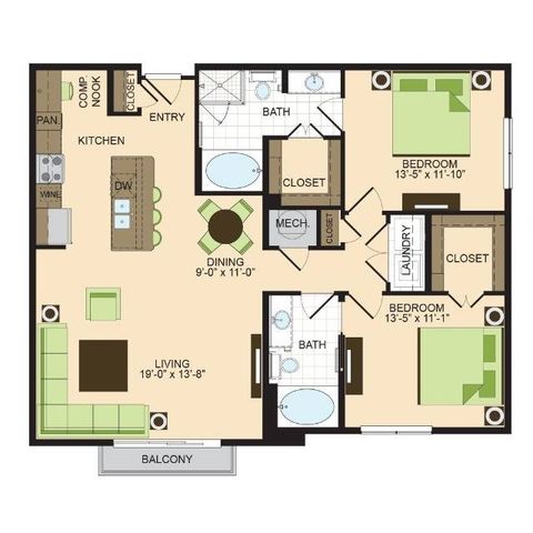 B1 | 2 bed 2 bath | 1249 sq ft