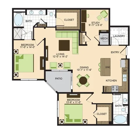 B3 | 2 bed 2 bath | 1406 sq ft