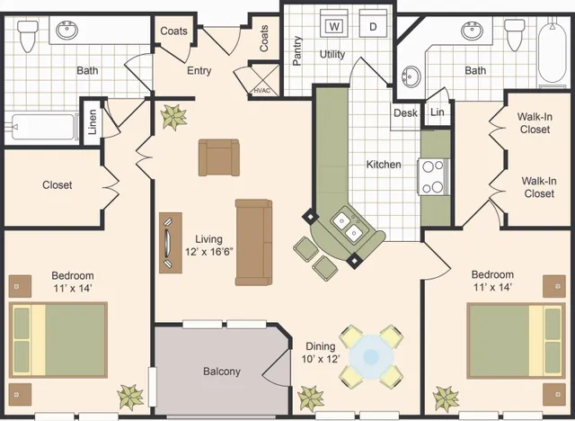 D | 2x2 | 1288 sq ft