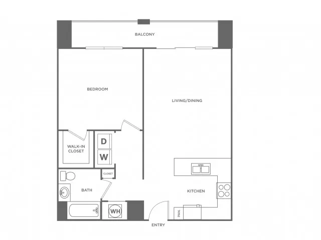 Floor plan map for a one bedroom unit at The Mark at Cityscape apartments in Boca Raton, FL, featuring labeled rooms.