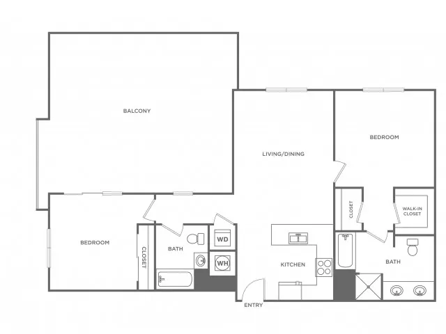 Floor plan map for a two bedroom unit at The Mark at Cityscape apartments in Boca Raton, FL, featuring labeled rooms.