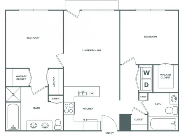 Floor plan map for a two bedroom unit at The Mark at Cityscape apartments in Boca Raton, FL, featuring labeled rooms.