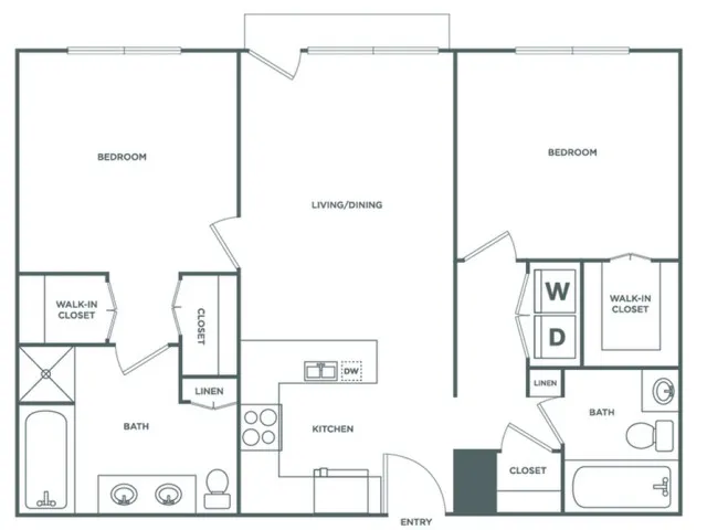 Floor plan map for a two bedroom unit at The Mark at Cityscape apartments in Boca Raton, FL, featuring labeled rooms.