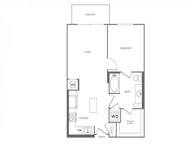 Floor plan map for a one bedroom unit at our apartments in Boca Raton, FL, with features, appliances, and labeled rooms.