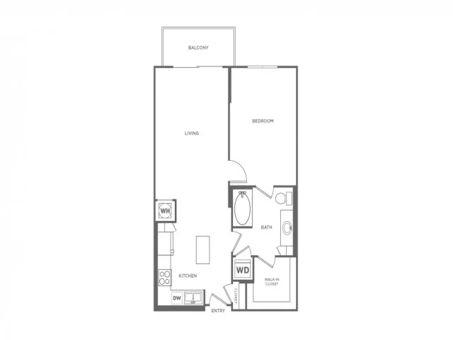 Floor plan map for a one bedroom unit at our apartments in Boca Raton, FL, with features, appliances, and labeled rooms.