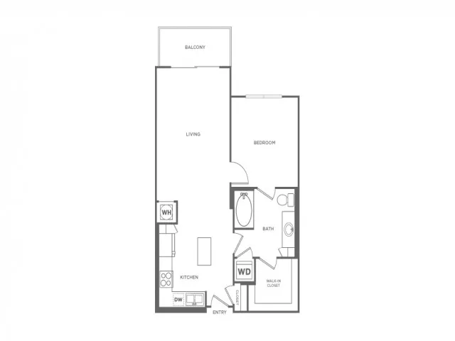 Floor plan map for a one bedroom unit at our apartments in Boca Raton, FL, with features, appliances, and labeled rooms.