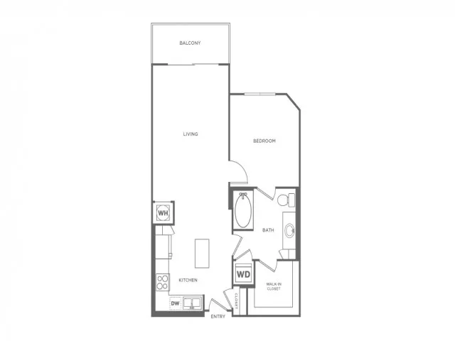 Floor plan map for a one bedroom unit at our apartments in Boca Raton, FL, with features, appliances, and labeled rooms.