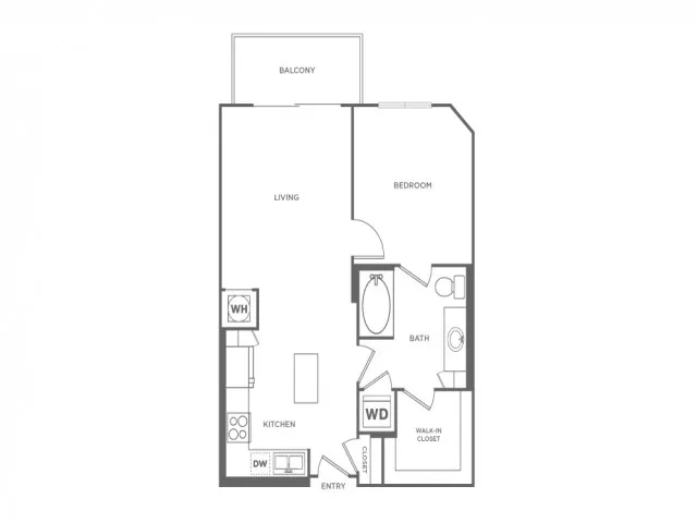 Floor plan map for a one bedroom unit at our apartments in Boca Raton, FL, with features, appliances, and labeled rooms.