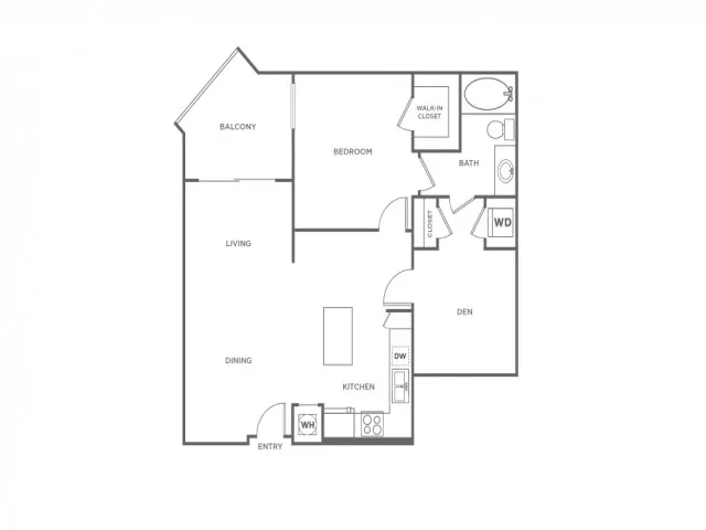 Floor plan map for a one bedroom unit at our apartments in Boca Raton, FL, with features, appliances, and labeled rooms.