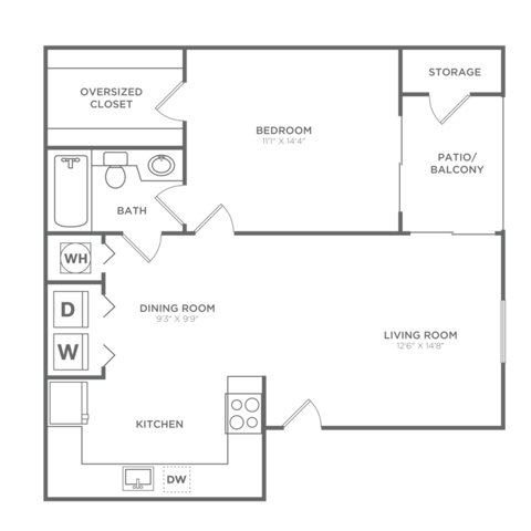 Floor plan map for a one bedroom apartment at Avana Palm Beach Gardens rental community near Juno Beach with labeled rooms.