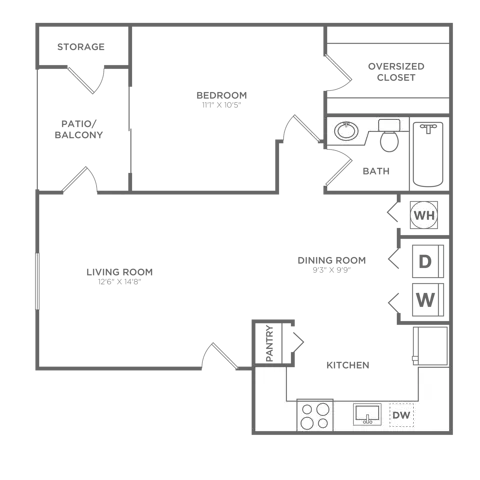 Floor plan map for a one bedroom apartment at Avana Palm Beach Gardens rental community near Juno Beach with labeled rooms.