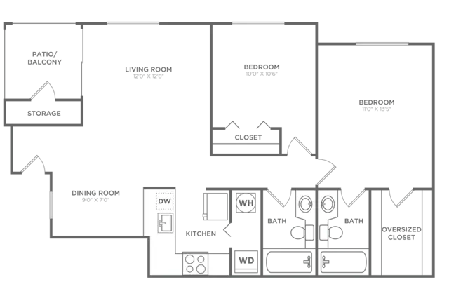Floor plan map for a two bedroom apartment at Avana Palm Beach Gardens rental community near Juno Beach with labeled rooms.