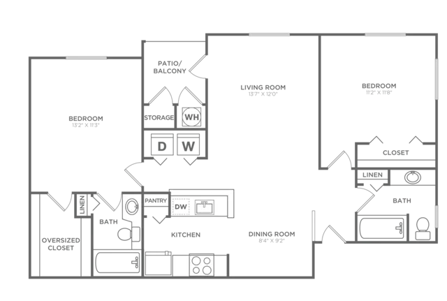 Floor plan map for a two bedroom apartment at Avana Palm Beach Gardens rental community near Juno Beach with labeled rooms.