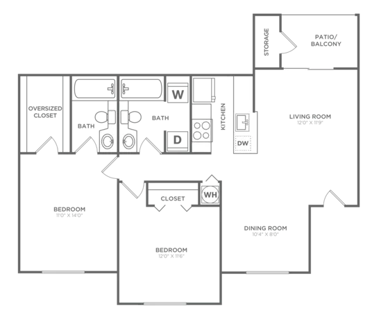 Floor plan map for a two bedroom apartment at Avana Palm Beach Gardens rental community near Juno Beach with labeled rooms.