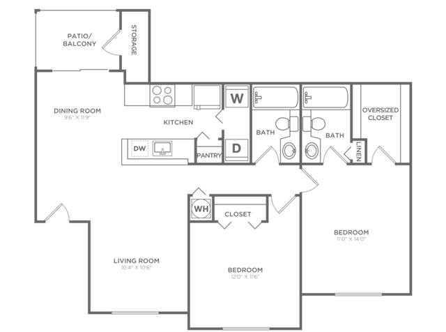 Floor plan map for a two bedroom apartment at Avana Palm Beach Gardens rental community near Juno Beach with labeled rooms.