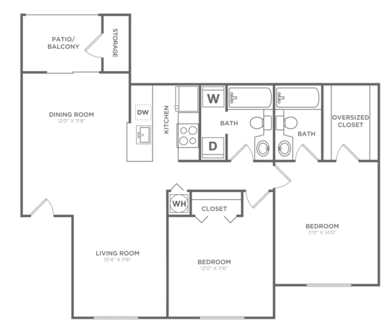 Floor plan map for a two bedroom apartment at Avana Palm Beach Gardens rental community near Juno Beach with labeled rooms.