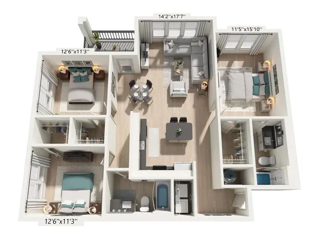 Floor plan map for a three bedroom unit at Marlowe Ridgeview Apartments in Davenport, Florida, with room dimensions.